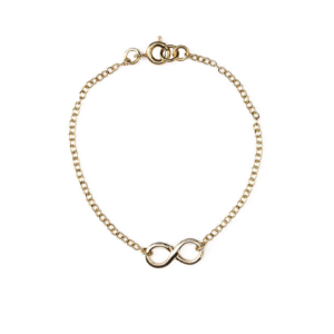 Thin bracelet with an infinity charm, finished in 14K gold plating.