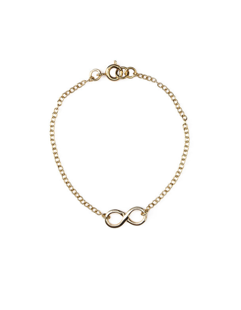 Thin bracelet with an infinity charm, finished in 14K gold plating.