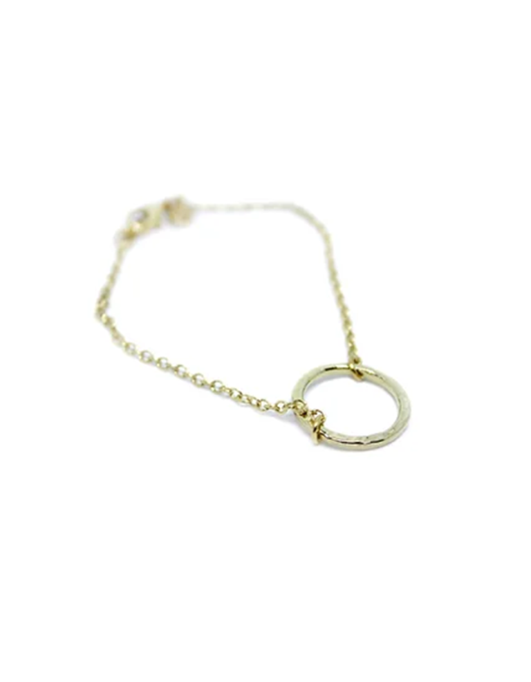 Thin bracelet with a karma charm, finished in 14K gold plating.